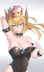 Rule 34 | 1girl, aqua eyes, arm behind head, bare shoulders, black leotard, blue gemstone, blush, bowsette, bracelet, breasts, brooch, cleavage, collar, covered navel, earrings, gem, gradient background, grey background, hair between eyes, hand in own hair, head tilt, heart, heart-shaped pupils, highres, hip focus, horns, jewelry, large breasts, leotard, leotard pull, long hair, looking at viewer, mario (series), mrnn, new super mario bros. u deluxe, nintendo, pointy ears, ponytail, sharp teeth, shiny clothes, shiny skin, sidelocks, solo, spiked bracelet, spiked collar, spikes, strapless, strapless leotard, super crown, symbol-shaped pupils, teeth, tongue, tongue out, upper body