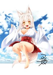 Rule 34 | 1girl, animal ear fluff, animal ears, bare legs, barefoot, breasts, cleavage, cloud, fox ears, fox girl, fox tail, japanese clothes, kohaku (yua), large breasts, long hair, miko, original, signature, silver hair, sky, solo, tail, thick eyebrows, wide sleeves, yellow eyes, yua (checkmate)