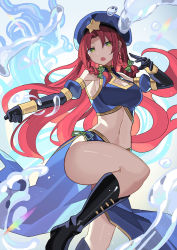 Rule 34 | 1girl, alternate color, alternate costume, beret, black footwear, black gloves, boots, bow, braid, breasts, bubble, falken (yutozin), gloves, gold trim, green eyes, hat, hat ornament, highres, hong meiling, large breasts, long hair, looking at viewer, midriff, open mouth, red hair, solo, star (symbol), star hat ornament, touhou, twin braids, water, white background