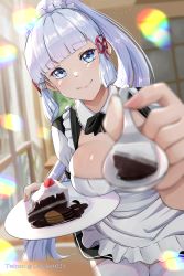 Rule 34 | 1girl, absurdres, apron, ayaka (genshin impact), blue eyes, blunt bangs, breasts, cafe, cake, chocolate cake, closed mouth, feeding, food, genshin impact, highres, holding, holding plate, large breasts, maid, maid apron, maid headdress, mole, mole under eye, ozzyart 0221, plate, ponytail, pov, sidelocks, smile, solo, thighhighs, white hair, white thighhighs