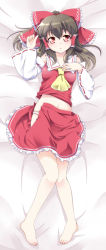 Rule 34 | 1girl, :o, ascot, bare legs, bare shoulders, barefoot, bed sheet, blush, bow, brown hair, dakimakura (medium), detached sleeves, hair bow, hair tubes, hakurei reimu, haruki (colorful macaron), highres, long hair, looking at viewer, lying, navel, on back, open clothes, open mouth, open skirt, panties, pigeon-toed, red eyes, skirt, solo, touhou, underwear, unzipped, white panties, wide sleeves