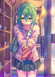 Rule 34 | 1girl, ahoge, alternate costume, bag, bespectacled, blush, box, building, cardigan, daito, door, female focus, fence, floor, frog hair ornament, gift, gift box, giving, glasses, green eyes, green hair, hair ornament, hair tubes, holding, incoming gift, kochiya sanae, long hair, looking at viewer, matching hair/eyes, outstretched arm, scarf, scarf over mouth, school bag, school uniform, shelf, shirt, shoulder bag, shy, signpost, skirt, snake, solo, standing, sunset, touhou, tree, twilight, valentine