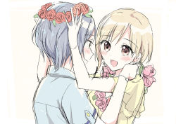 Rule 34 | 2girls, aiba yumi, asymmetrical hair, bad id, bad pixiv id, blonde hair, blue hair, blue shirt, blush, bracelet, brown eyes, flower, flower necklace, hands on another&#039;s head, hands on another&#039;s shoulders, hayami kanade, head wreath, idolmaster, idolmaster cinderella girls, jewelry, kuguri oimo, looking at another, multiple girls, necklace, open mouth, parted bangs, rose, shirt, short hair, simple background, smile, yellow eyes, yellow shirt