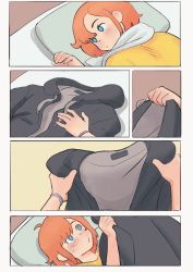 Rule 34 | 1girl, bed, blue eyes, blush, colo (nagrolaz), commentary, english commentary, freckles, holding, holding clothes, hood, hoodie, lying, on back, pillow, red hair, rita (sweethex), shirt, short hair, slippers, solo, sweethex, towel, towel around neck