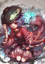 Rule 34 | 1girl, blue hair, bowl, bowl hat, colored eyelashes, frills, hair between eyes, hat, highres, japanese clothes, kimono, kiyomasa ren, kneeling, looking at viewer, mini person, minigirl, obi, open mouth, outstretched arm, oversized object, pointy ears, red eyes, revision, sash, short hair, smile, solo, sukuna shinmyoumaru, touhou