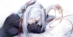 Rule 34 | 1girl, absurdres, arm pillow, black shirt, blue nails, breasts, genshin impact, grey eyes, grey hair, hair ornament, hair over one eye, highres, holding, holding string, kato (kato), large breasts, long hair, long sleeves, looking at viewer, nail polish, shenhe (genshin impact), shirt, simple background, solo, string, upper body, white background