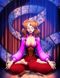 Rule 34 | 1girl, barefoot, breasts, brown hair, charlotte pudding, cleavage, closed eyes, expressions, feet, female focus, film strip, genzoman, gun, handgun, long hair, looking at viewer, meditation, one piece, shiny skin, smile, solo, suspenders, third eye, twintails, weapon