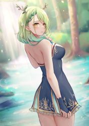 Rule 34 | antlers, aonikuro, armpit peek, bare arms, bare back, bare shoulders, blush, branch, breasts, ceres fauna, clothes pull, dress, earrings, forest, grass, highres, hololive, hololive english, horns, jewelry, leaf, looking at viewer, looking back, medium breasts, medium hair, mole, nature, outdoors, shoulder blades, skirt, skirt pull, standing, sunlight, thighs, tree, virtual youtuber, water, waterfall