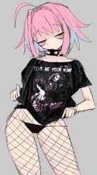 Rule 34 | 1girl, ahoge, bags under eyes, black collar, black panties, black shirt, blue hair, clothes lift, clothes writing, collar, collarbone, female focus, fishnets, hibi (dustbinrat), highres, lingerie, messy hair, multicolored hair, panties, pink hair, print shirt, punk, red eyes, shirt, shirt lift, short hair, skeleton, solo, spiked collar, spikes, striped clothes, striped thighhighs, thighhighs, underwear, white shirt, yumemi riamu