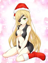 Rule 34 | 10s, 1girl, 2014, bare shoulders, blush, breasts, christmas, collarbone, eyepatch, female focus, full body, gradient background, green hair, hat, kneeling, looking at viewer, medium breasts, midriff, navel, othinus, red hat, revealing clothes, santa hat, shin (highest1192), smile, solo focus, thighhighs, toaru majutsu no index