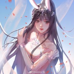Rule 34 | 1girl, absurdres, animal ears, baptistw bao, blue background, brown hair, closed mouth, clothing cutout, collar, douluo dalu, dress, falling petals, hair ornament, hand up, highres, metal collar, petals, pink dress, ponytail, rabbit ears, upper body, xiao wu (douluo dalu)