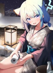 Rule 34 | 1girl, absurdres, akinoji (akiponpon27), animal ears, aqua hair, bare legs, bath yukata, blue archive, blush, bottle, bucket, collarbone, extra ears, fingernails, halo, hanten (clothes), highres, holding, holding bottle, japanese clothes, kimono, looking at viewer, nail polish, official alternate costume, pouring, purple eyes, shigure (blue archive), shigure (hot spring) (blue archive), short twintails, smile, snow, snowing, solo, thighs, tokkuri, twintails, upper body, weasel ears, wooden bucket, yukata