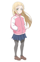 Rule 34 | 1girl, absurdres, black pantyhose, blonde hair, blush, closed mouth, crust gm0, dot nose, green eyes, highres, inose mai, jacket, koisuru asteroid, long hair, looking at viewer, pantyhose, school uniform, shoes, simple background, standing, white background