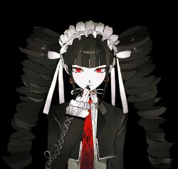 Rule 34 | 1girl, black background, black hair, black jacket, black nails, celestia ludenberg, closed mouth, cropped jacket, danganronpa: trigger happy havoc, danganronpa (series), earrings, frilled jacket, frills, hand up, highres, jacket, jewelry, long hair, long sleeves, looking at viewer, mota (motaberrie), necktie, print necktie, red eyes, red necktie, simple background, smile, solo, twintails, upper body