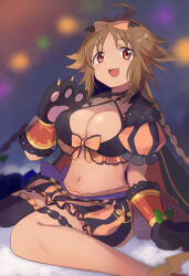 Rule 34 | 1girl, :d, animal hands, antenna hair, black gloves, black thighhighs, blurry, blurry background, bow, breasts, brown eyes, brown hair, cleavage, dark-skinned female, dark skin, depth of field, fang, gloves, gucchiann, hair bow, highres, kaori (halloween) (princess connect!), kaori (princess connect!), large breasts, looking at viewer, navel, open mouth, orange bow, paw gloves, princess connect!, puffy short sleeves, puffy sleeves, short sleeves, single thighhigh, sitting, skirt, smile, solo, striped clothes, striped skirt, thighhighs, vertical-striped clothes, vertical-striped skirt, wariza