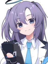 Rule 34 | 1girl, black gloves, black suit, blue archive, blue eyes, blue necktie, blush, closed mouth, coat, coat partially removed, collared shirt, formal, gloves, hair between eyes, hair ornament, halo, highres, holding, holding tablet pc, id card, jacket, long hair, looking at viewer, multicolored clothes, necktie, off shoulder, parted bangs, purple hair, shirt, sidelocks, simple background, smile, solo, split mouth, suit, tablet pc, two-sided fabric, two-sided jacket, two side up, white background, white shirt, yun (kbdenz9), yuuka (blue archive)