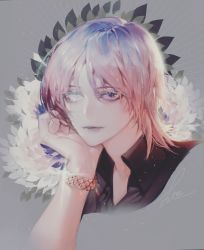 Rule 34 | 1other, androgynous, arm support, black shirt, closed mouth, collared shirt, cropped shoulders, fang, fang out, flower, glint, grey lips, head rest, heterochromia, looking at viewer, medium hair, original, pigeon666, pink hair, purple eyes, shirt, signature, smile, solo, watch, white eyes, white flower, wing collar, wristwatch