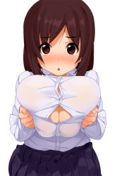 Rule 34 | 1girl, blush, breast lift, breasts, breasts squeezed together, brown hair, bursting breasts, cleavage, huge breasts, imminent paizuri, kaisen chuui, looking at viewer, open mouth, original, paizuri invitation, pleated skirt, simple background, skirt, solo, white background
