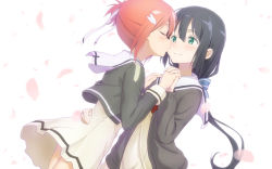 Rule 34 | 10s, 2girls, arm around waist, black hair, kissing cheek, cherry blossoms, commentary request, closed eyes, green eyes, hair ornament, hair ribbon, holding hands, interlocked fingers, kiss, leaning on person, long hair, looking at another, multiple girls, okutagon, pink hair, ribbon, school uniform, short hair, side ponytail, simple background, smile, tougou mimori, white background, yuri, yuuki yuuna, yuuki yuuna wa yuusha de aru, yuusha de aru