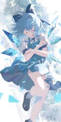 Rule 34 | 1girl, absurdres, black footwear, blue bow, blue dress, blue hair, bow, cirno, closed eyes, closed mouth, detached wings, dress, fairy, hair bow, highres, ice, ice wings, pinafore dress, shirt, shoes, short hair, short sleeves, sleeveless, sleeveless dress, socks, solo, touhou, uroam, white shirt, white socks, wings