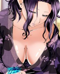 Rule 34 | 1girl, artist name, bad id, bad pixiv id, breasts, collarbone, commentary, english commentary, eyelashes, eyes visible through hair, grand blue, half-closed eyes, hamaoka azusa, hanging breasts, highres, japanese clothes, john mangalile, kimono, large breasts, lips, looking down, mixed-language commentary, off shoulder, parted lips, purple eyes, purple hair, purple kimono, short hair, signature, solo, upper body