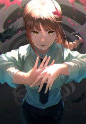 Rule 34 | 1girl, black necktie, black pants, braid, breasts, brown eyes, brown hair, chainsaw man, collared shirt, commentary request, eyebrows hidden by hair, grey background, highres, long hair, long sleeves, looking at viewer, makima (chainsaw man), medium breasts, necktie, omelet tomato, own hands together, pants, parted lips, ringed eyes, shirt, sidelocks, solo, standing, white shirt