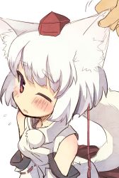 Rule 34 | 1girl, 9999 (artist), animal ears, bare shoulders, blush, breasts, colored eyelashes, detached sleeves, female focus, grabbing another&#039;s ear, hand on another&#039;s ear, hat, inubashiri momiji, kajio (maburo), open mouth, red eyes, short hair, silver hair, simple background, solo, tail, tokin hat, touhou, white background, wince, wolf ears, wolf tail