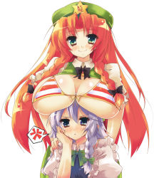 Rule 34 | &gt;:|, 2girls, :t, :|, akikaze tsumuji, annoyed, beret, blue eyes, blush, bow, bowtie, bra, braid, breast envy, breast rest, breasts, breasts on head, closed mouth, clothes lift, embodiment of scarlet devil, female focus, frills, hat, hong meiling, huge breasts, izayoi sakuya, large breasts, lingerie, long hair, multiple girls, pout, puffy sleeves, red hair, shiny skin, shirt, shirt lift, short hair, silver hair, simple background, sleeveless, sleeveless shirt, smile, striped bra, striped clothes, sweat, touhou, twin braids, underboob, underwear, v-shaped eyebrows, white background