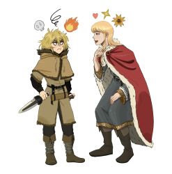 Rule 34 | 2boys, androgynous, angry, armor, bananopus, belt, blonde hair, blue eyes, boots, brown footwear, buckle, canute, chainmail, cloak, closed mouth, dagger, eyelashes, fire, flower, frown, full body, fur trim, hair between eyes, heart, height difference, highres, holding, holding dagger, holding knife, holding weapon, knife, long hair, looking at another, male focus, messy hair, multiple boys, open mouth, prince, red cloak, simple background, skull, standing, star (symbol), thorfinn, tongue, viking, vinland saga, weapon, white background