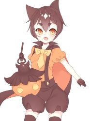 Rule 34 | androgynous, black gloves, brown hair, cape, creatures (company), fang, game freak, gen 6 pokemon, gender request, gloves, kuro guren, looking at viewer, nintendo, open mouth, orange eyes, overalls, personification, pokemon, pokemon (creature), pumpkaboo, solo, standing, transparent background