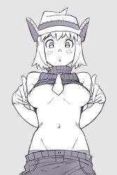 Rule 34 | 1girl, blush stickers, breasts, clothes lift, cowboy hat, crop top, hat, large breasts, midriff, monochrome, navel, necktie, nipples, patricia thompson, shirt lift, short hair, sleeveless, sleeveless turtleneck, solo, soul eater, suoiresnu, turtleneck