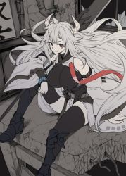 Rule 34 | 1girl, boots, breasts, bright pupils, closed mouth, copyright request, elbow on knee, floating hair, grey hair, hiroya juuren, horns, knee boots, large breasts, long hair, long sleeves, looking at viewer, armored boots, multiple horns, muted color, pelvic curtain, red eyes, ruins, sitting, smile, solo, spot color, thighhighs, very long hair, white pupils