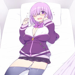 Rule 34 | 10s, 1girl, alternate costume, blush, bow, breasts, chan co, collared shirt, cosplay, fate/grand order, fate (series), glasses, gridman universe, hair over one eye, jacket, light purple hair, long sleeves, look-alike, looking at viewer, mash kyrielight, open mouth, pantyhose, purple eyes, purple jacket, shinjou akane, shinjou akane (cosplay), shirt, short hair, sleeves past wrists, solo, ssss.gridman, white shirt