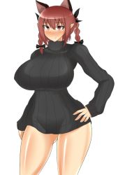 Rule 34 | 1girl, animal ears, bottomless, braid, breasts, cat ears, cat girl, covered erect nipples, curvy, female focus, hair ornament, hair ribbon, hip focus, huge breasts, kaenbyou rin, musuka (muska), pointy ears, red eyes, red hair, ribbon, short hair, simple background, solo, standing, sweater, thighs, touhou, white background, wide hips