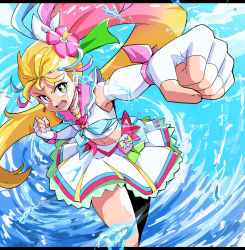 Rule 34 | 1girl, blonde hair, choker, cure summer, earrings, elbow gloves, fingerless gloves, flower, gloves, green eyes, hair flower, hair ornament, highres, jewelry, long hair, looking at viewer, magical girl, midriff, multicolored hair, natsuumi manatsu, navel, open mouth, pink hair, precure, punching, side ponytail, skirt, solo, tropical-rouge! precure, uraki, very long hair, water, waves, white gloves