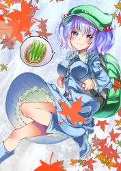 Rule 34 | 1girl, backpack, bag, blue eyes, blue hair, boots, breasts, cucumber, covered erect nipples, female focus, genbou2, hair bobbles, hair ornament, hat, impossible clothes, impossible shirt, kawashiro nitori, key, large breasts, leaf, maple leaf, matching hair/eyes, randoseru, rubber boots, shirt, short hair, smile, solo, tamon ketsuyuki, touhou, twintails, two side up, water, waterfall