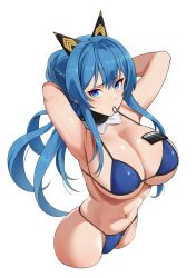 Rule 34 | 1girl, ajidot, armpits, arms behind head, bikini, blue bikini, blue eyes, blue hair, braid, breasts, cleavage, cropped legs, detached collar, gloves, goddess of victory: nikke, hair intakes, headgear, helm (aqua marine) (nikke), helm (nikke), highres, huge breasts, large breasts, light blush, long hair, looking at viewer, mouth hold, navel, official alternate costume, ponytail, simple background, solo, swimsuit, white background, white gloves