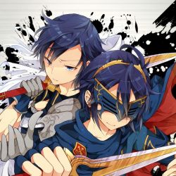 Rule 34 | 1boy, 1girl, armor, blue armor, blue eyes, blue hair, cape, chrom (fire emblem), father and daughter, fingerless gloves, fire emblem, fire emblem awakening, gloves, lucina (fire emblem), marth (fire emblem awakening), mask, nintendo, reverse trap, spoilers, sword, tobari (brokenxxx), weapon
