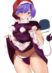 Rule 34 | 1girl, :3, blue hair, blush, cameltoe, closed mouth, clothes lift, commentary request, cowboy shot, doremy sweet, dress, dress lift, fujiko (emnprmn), fundoshi, gluteal fold, hair between eyes, hat, highres, japanese clothes, lifting own clothes, looking at viewer, navel, nightcap, pom pom (clothes), purple dress, purple eyes, purple fundoshi, red hat, short hair, simple background, smile, solo, touhou, white background