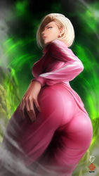Rule 34 | 10s, 1girl, absurdres, android 18, ass, blonde hair, blue eyes, dragon ball, dragon ball super, earrings, from behind, from below, highres, jacket, jewelry, kanchiyo, pants, pantylines, parted lips, short hair, solo, track jacket, track pants, track suit