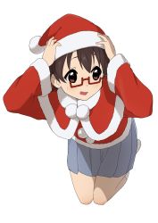 Rule 34 | 1girl, absurdres, brown eyes, brown hair, capelet, commentary request, female focus, full body, fur-trimmed capelet, fur trim, glasses, grey skirt, hat, highres, k-on!, kicchi (tmgk), long sleeves, looking at viewer, manabe nodoka, no shoes, open mouth, pleated skirt, pom pom (clothes), red-framed eyewear, red capelet, red shirt, santa costume, santa hat, semi-rimless eyewear, shirt, short hair, simple background, skirt, socks, solo, sweat, under-rim eyewear, white background, white footwear