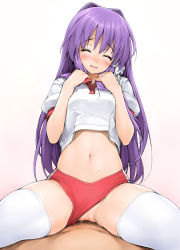 Rule 34 | 00s, 1girl, blush, breasts, buruma, buruma aside, clannad, closed eyes, clothed sex, clothes lift, clothing aside, covered erect nipples, cowgirl position, cum, fujibayashi kyou, full-face blush, girl on top, gradient background, gym uniform, hair intakes, hair ornament, hair ribbon, head tilt, hetero, ishikei, long hair, male pubic hair, midriff, navel, nipples, open mouth, pov, pubic hair, purple hair, pussy, pussy juice, ribbon, school uniform, sex, shirt lift, simple background, solo focus, spread legs, straddling, sweat, tears, thick thighs, thighhighs, thighs, uncensored, uniform, vaginal, white background