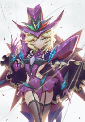 Rule 34 | 1girl, absurdres, black thighhighs, blonde hair, blue eyes, blush, carol malus dienheim, claws, elbow gloves, garter straps, gloves, hair between eyes, hat, highres, looking at viewer, purple gloves, ribs, senki zesshou symphogear, shiny clothes, shiny skin, short hair, skirt, smile, solo, thighhighs, wire, witch hat, zhen long
