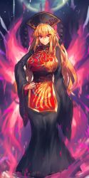 Rule 34 | 1girl, blonde hair, breasts, hand on own hip, hat, highres, jpeg artifacts, junko (touhou), large breasts, long hair, looking at viewer, melon22, red eyes, smile, solo, tabard, touhou