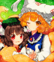 Rule 34 | 2girls, animal ear fluff, animal ears, bad id, bad pixiv id, blonde hair, bow, brown hair, cat ears, cat tail, chen, claw pose, commentary request, dress, fang, green background, hat, hat with ears, heads together, light particles, long sleeves, looking at viewer, marker (medium), mob cap, multiple girls, multiple tails, one eye closed, open mouth, qqqrinkappp, red eyes, short hair, slit pupils, smile, tabard, tail, touhou, traditional media, upper body, white bow, white dress, yakumo ran, yellow eyes