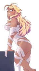 Rule 34 | 1girl, arm support, bandages, blonde hair, commentary request, dark-skinned female, dark skin, from side, grin, highres, hori shin, leaning forward, long hair, looking at viewer, mummy costume, original, simple background, smile, solo, standing, standing on one leg, white background