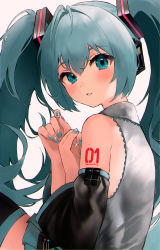 Rule 34 | 1girl, absurdres, antenna hair, aqua eyes, aqua hair, aqua nails, bare shoulders, black footwear, black ribbon, black skirt, black sleeves, blush, boots, character name, collared shirt, detached sleeves, flipped hair, from side, grey shirt, hair between eyes, hair ornament, hair ribbon, hands up, hatsune miku, headphones, highres, lace, lace-trimmed shirt, lace trim, long hair, looking at viewer, looking back, nail polish, neon trim, number tattoo, open mouth, own hands together, parted lips, pleated skirt, ribbon, shirt, shoulder tattoo, sidelocks, simple background, skirt, sleeveless, sleeveless shirt, solo, straight hair, tananuki, tattoo, teeth, thigh boots, thighhighs, twintails, twitter username, upper body, vocaloid, white background, zettai ryouiki