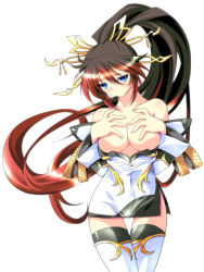 Rule 34 | 1girl, banpresto, blue eyes, breasts, breasts squeezed together, cleavage, dress, female focus, infinite frontier, ka2, large breasts, long hair, multicolored hair, nanbu kaguya, panties, pantyshot, ponytail, simple background, solo, strapless, strapless dress, super robot wars, super robot wars og saga mugen no frontier, thighhighs, underwear, very long hair, zettai ryouiki