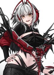 Rule 34 | antennae, arknights, black shirt, black shorts, crop top, demon girl, demon tail, hand on own hip, highres, horns, jacket, midriff, myb52, nail polish, navel, open mouth, orange eyes, red horns, red jacket, red nails, shirt, short shorts, shorts, smile, stomach, tail, teeth, upper teeth only, w (arknights), wis&#039;adel (arknights)
