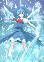 Rule 34 | 1girl, bad id, bad pixiv id, between fingers, blue eyes, blue hair, cirno, dress, embodiment of scarlet devil, female focus, gradient background, holding, ice, magic circle, matching hair/eyes, muranisaki, short hair, snowflakes, solo, spell card, touhou, underwear, wings
